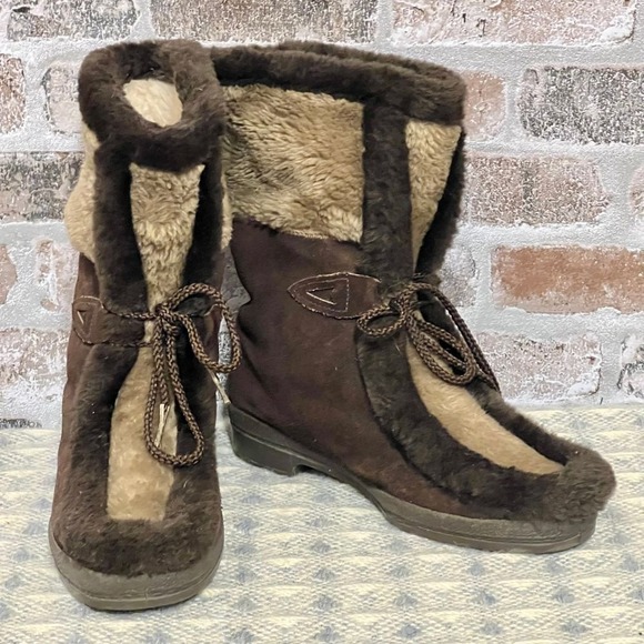 Yodelers 1970s Faux Fur Lined Winter Boots Brown Suede Lace Up Mid Calf Size 6.5 - Picture 1 of 6
